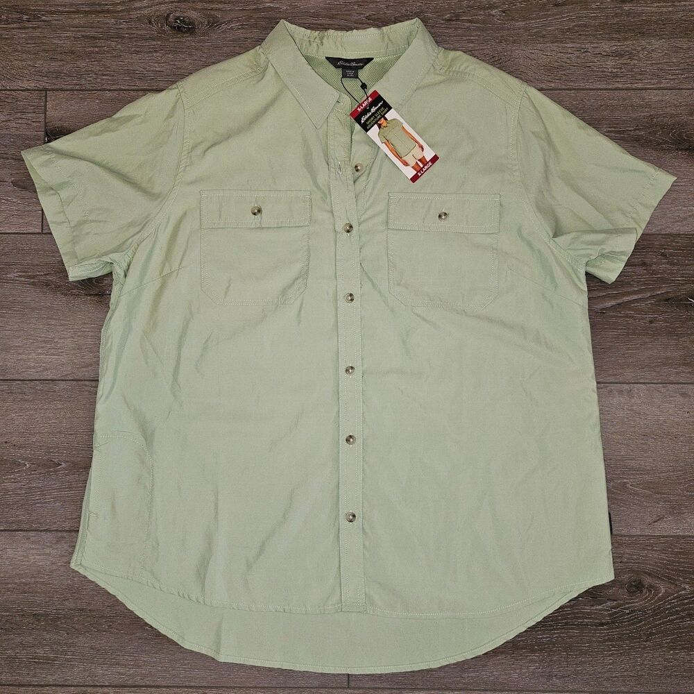Eddie Bauer Short Sleeve Adventure Shirt Button up Green Sz XL 50 UPF Hiking NWT